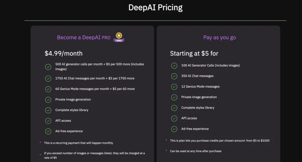 DeepAI Pricing