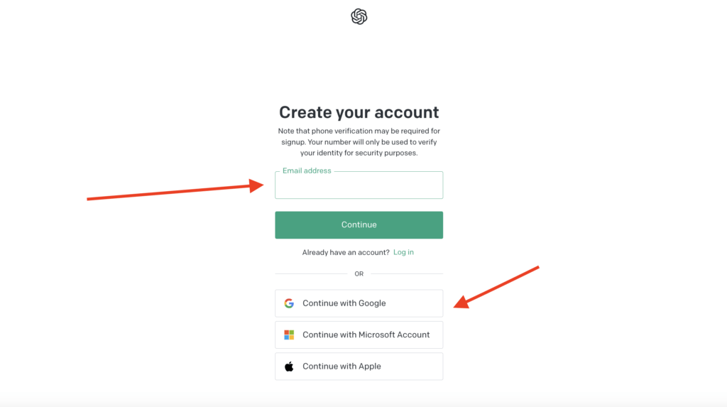 Choose between email or google signup