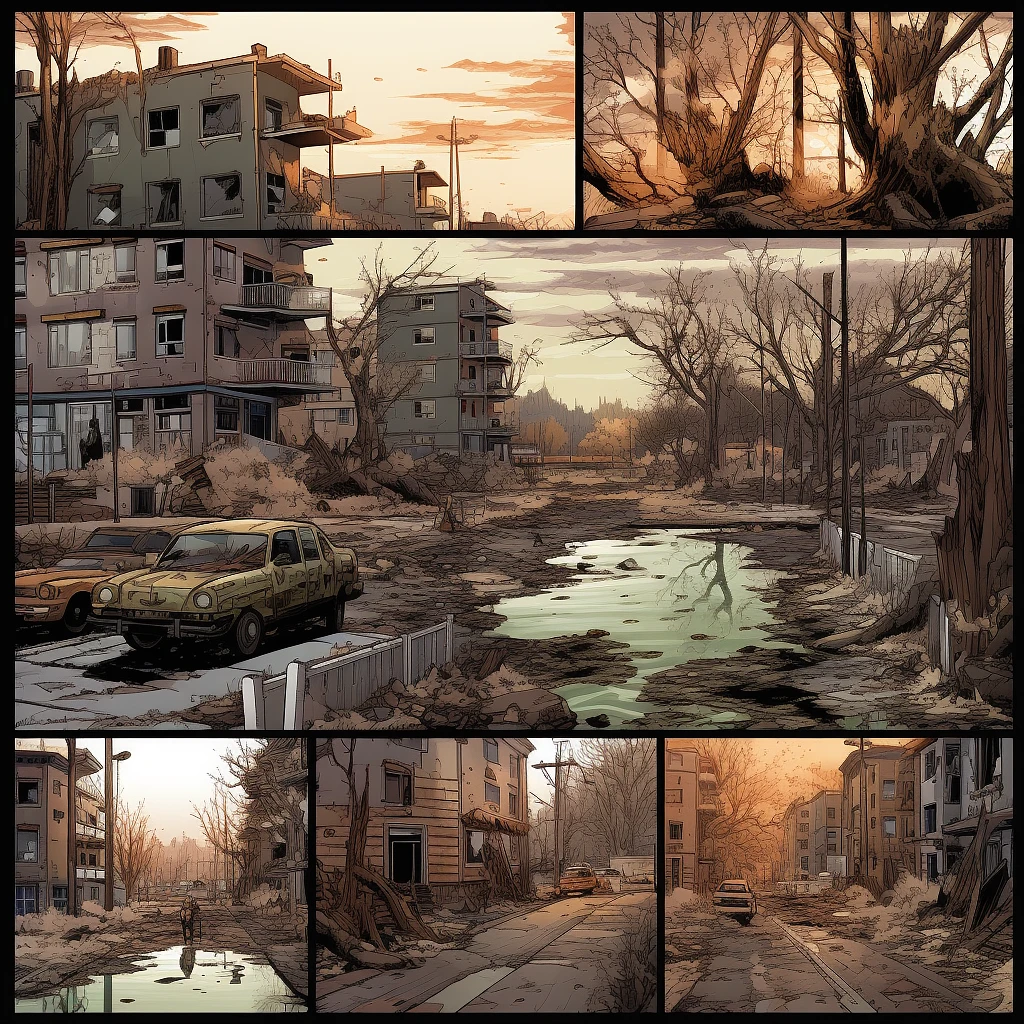 pages of various scenes from the comic