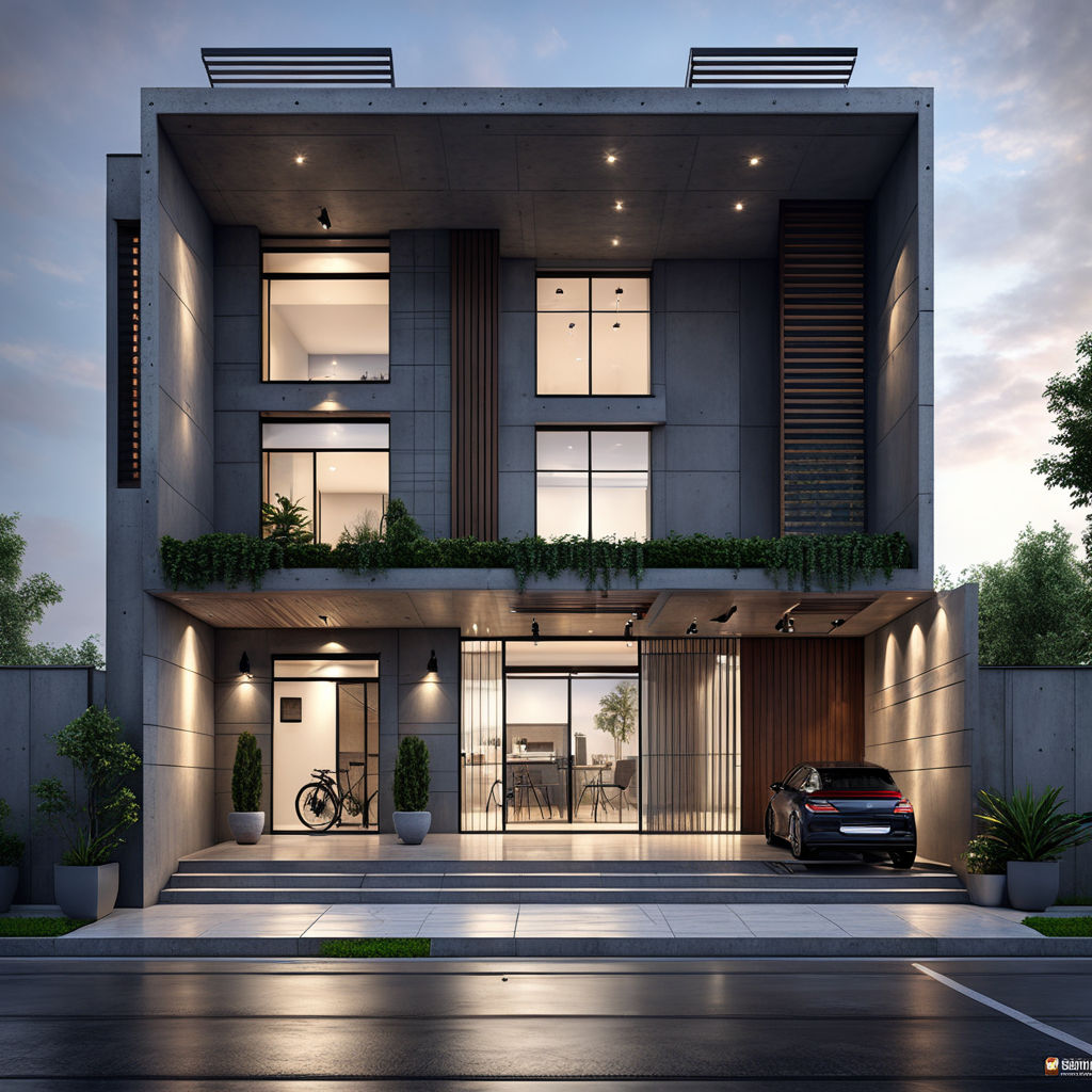 photorealistic hd high res ultra high quality front view morning modern house grey concrete tiles