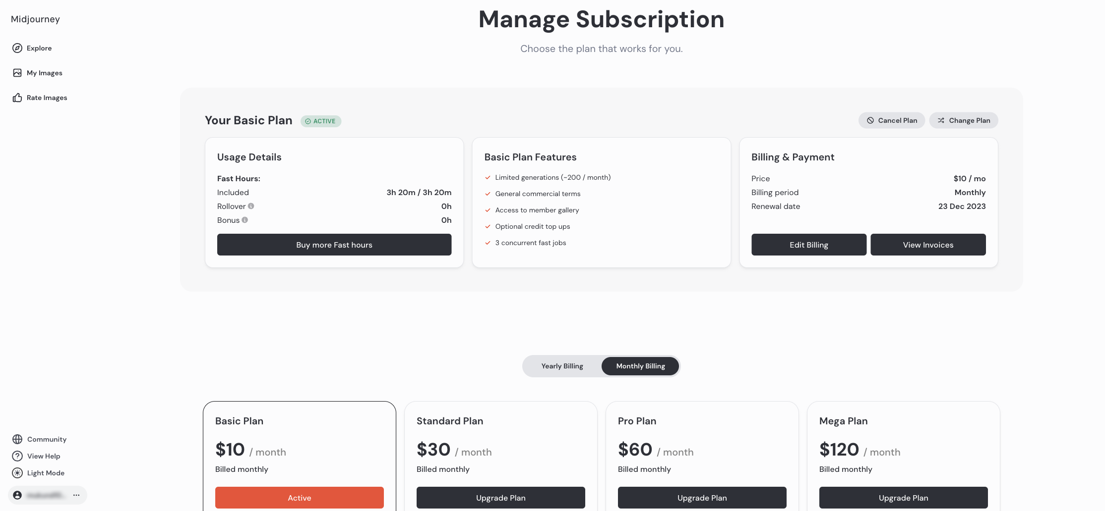 Midjourney manage subscription page