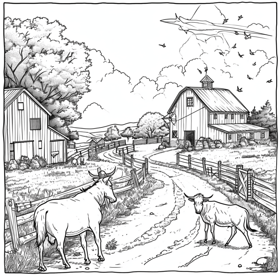 farm life scene coloring page in Midjourney