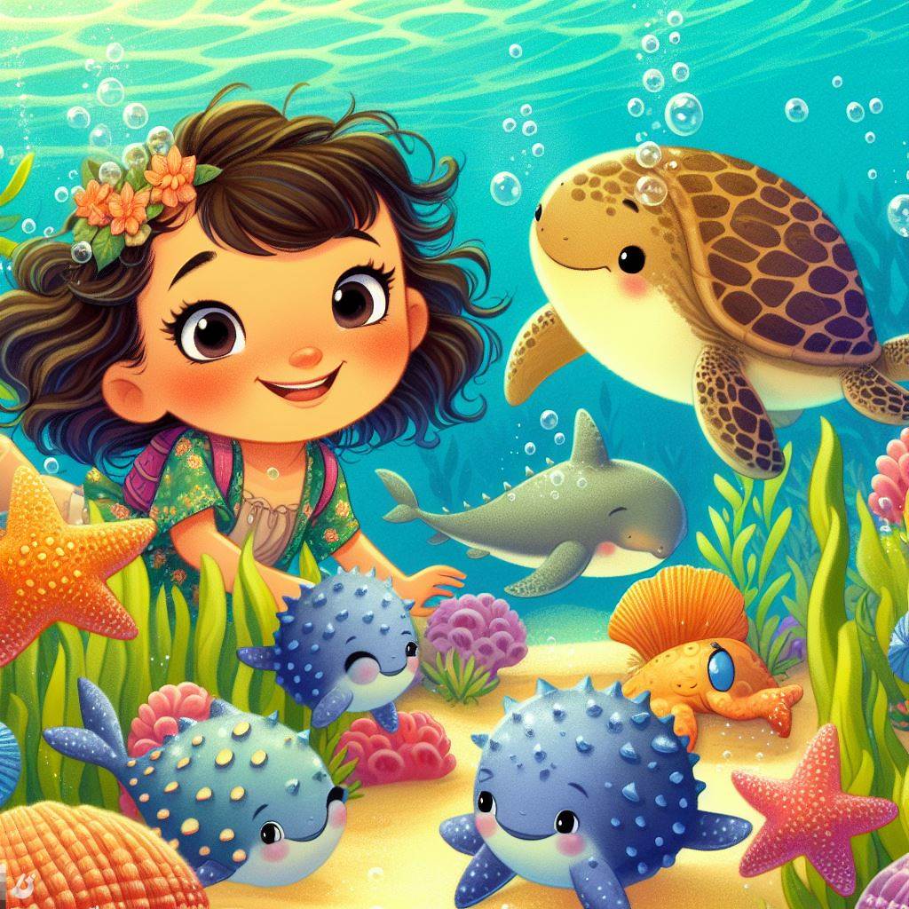 Playful, underwater scene, filled with marine life, children's book illustration