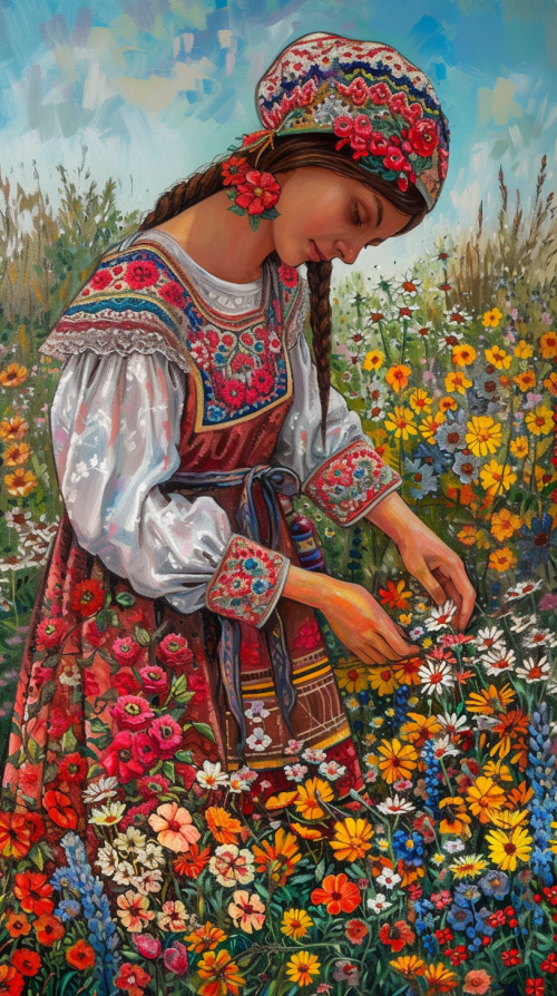 a young women picking flowers, wall art, ukrainian folk art style