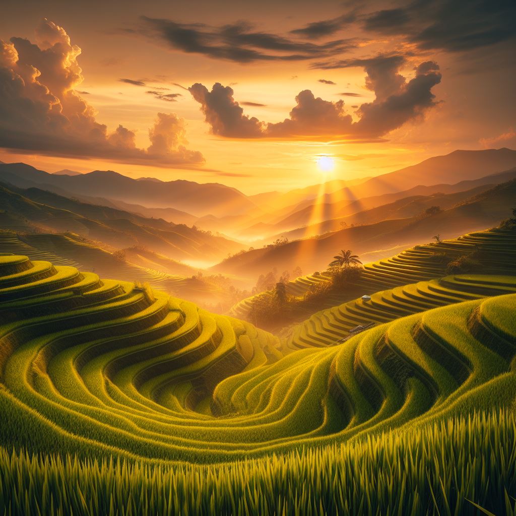 Lush, terraced rice fields, glowing at sunset, landscape photography