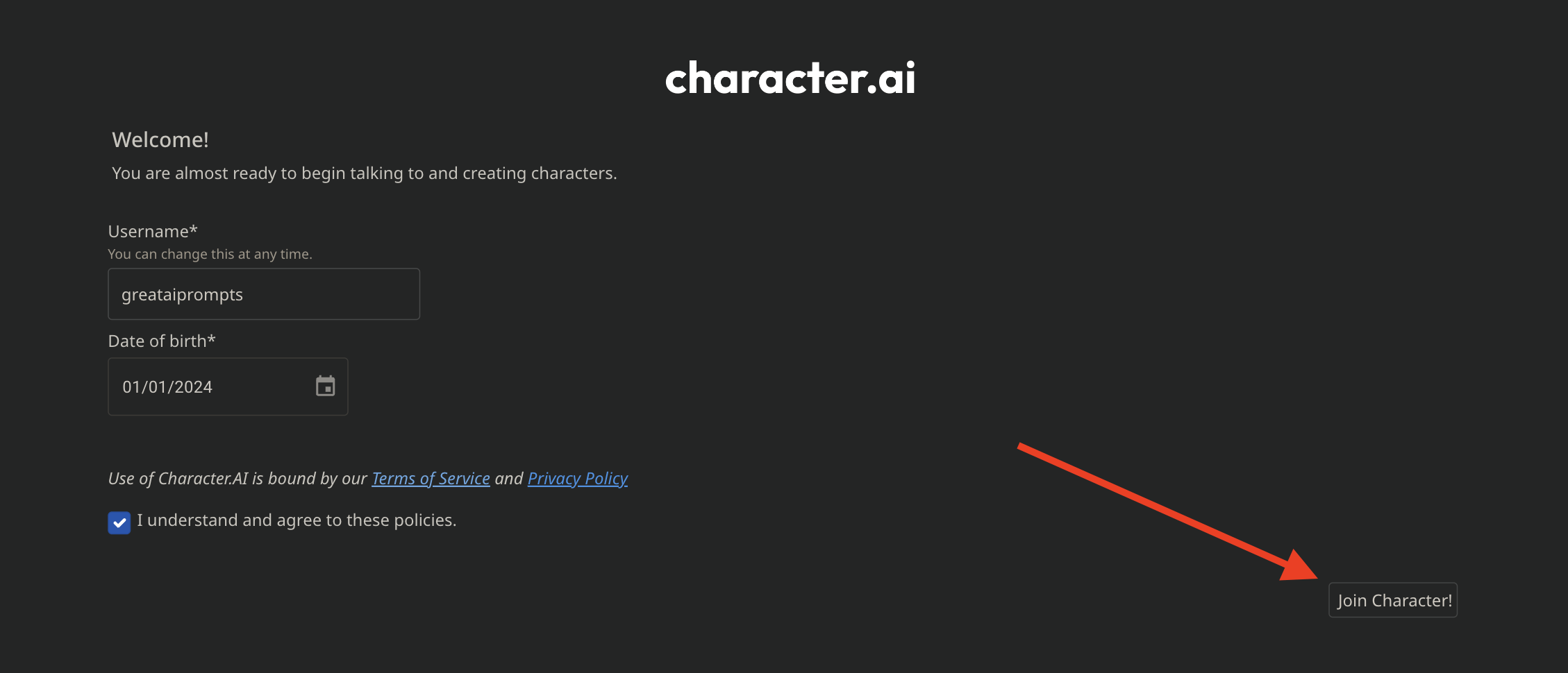 give your username to character ai