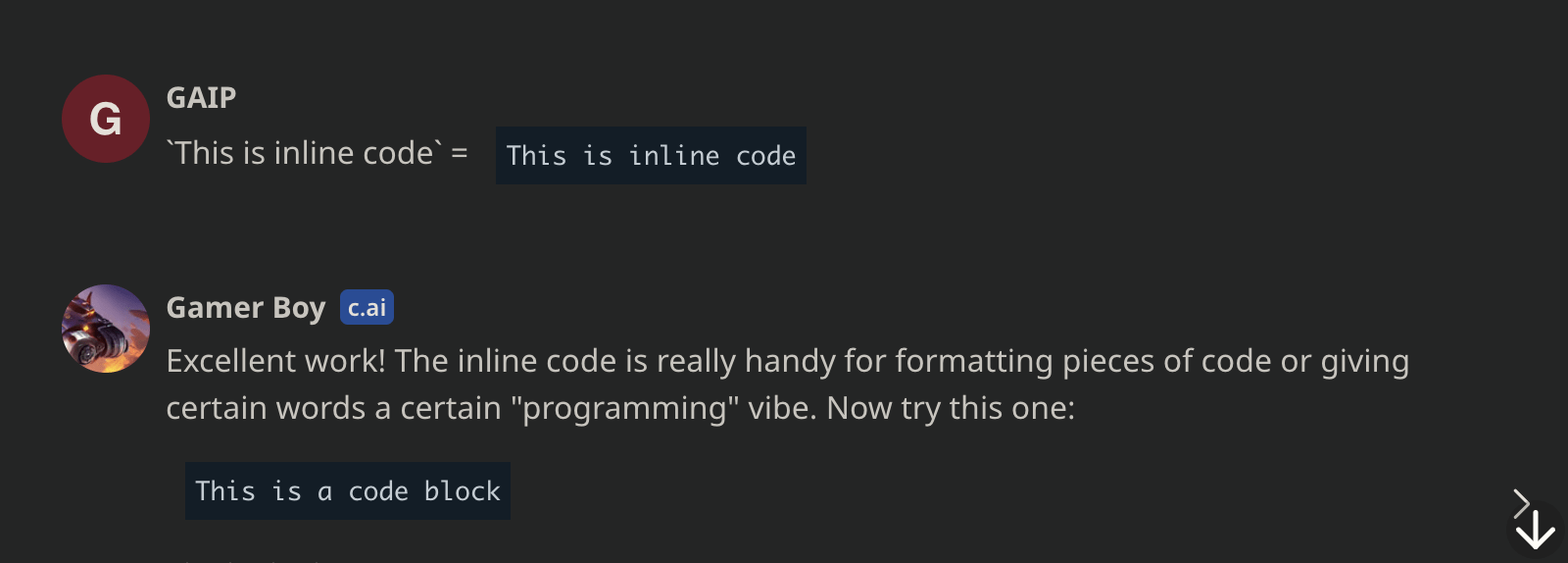 Code formatting in character.ai