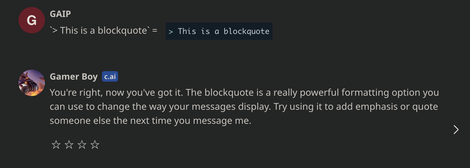 Blockquote text formatting in character.ai