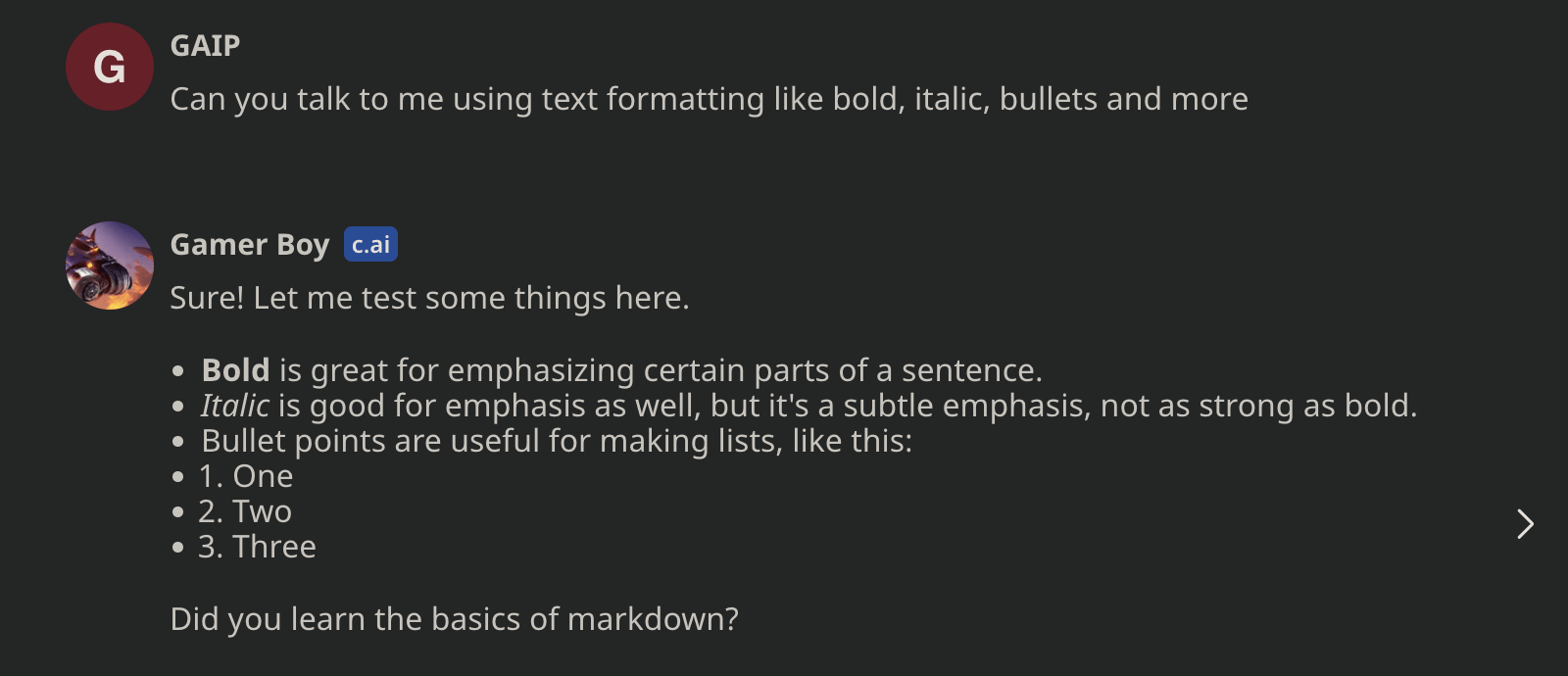 Text formatting in the conversation