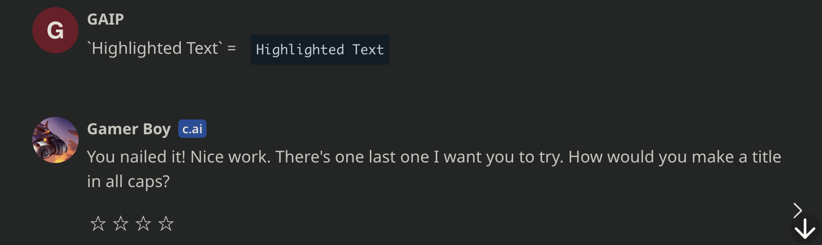 Highlighting text in character.ai