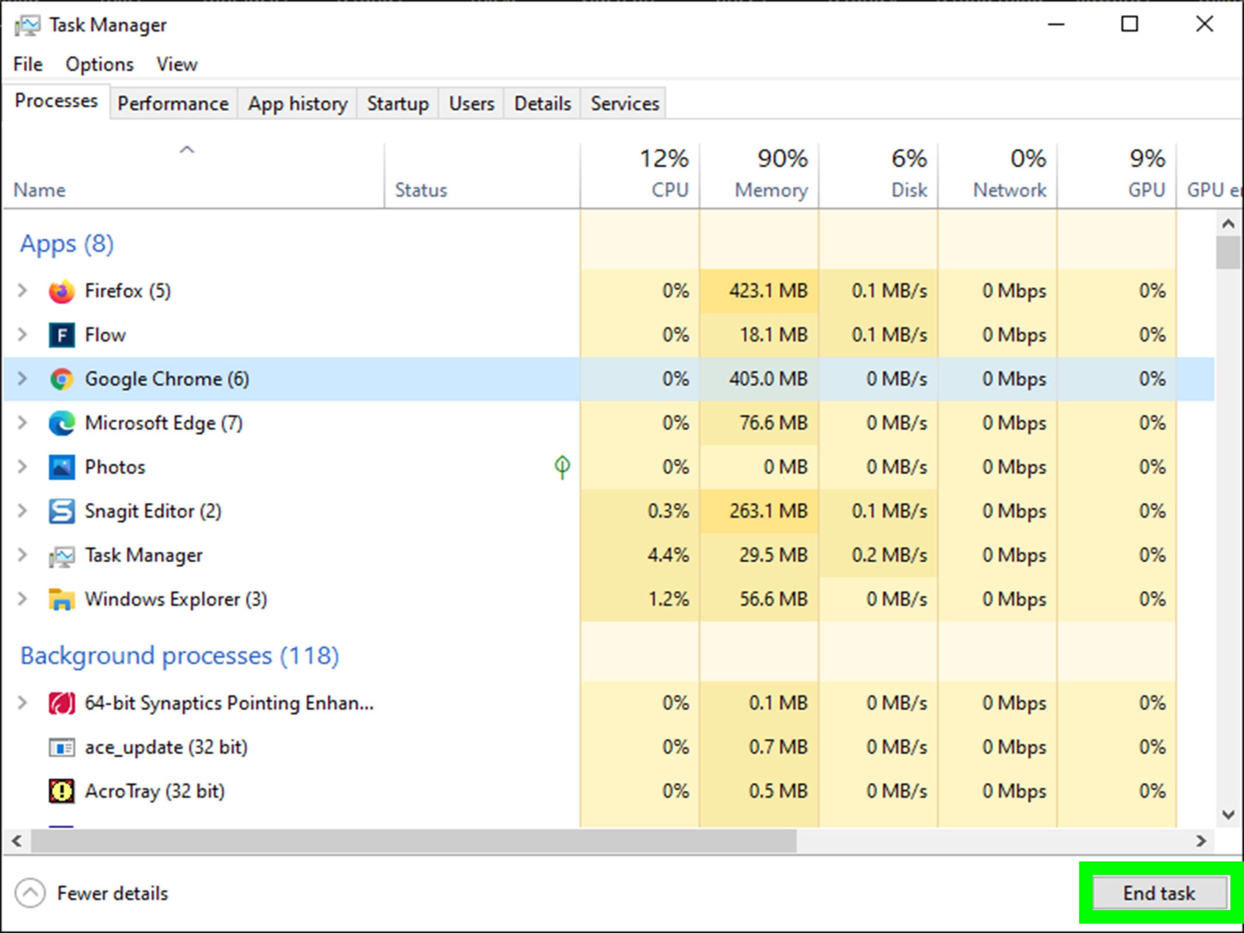 open task manager on windows and quit chrome