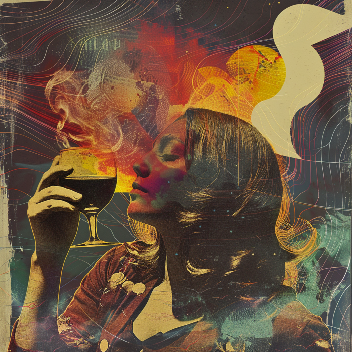 album art with a women drinking wine, abstract experimental style