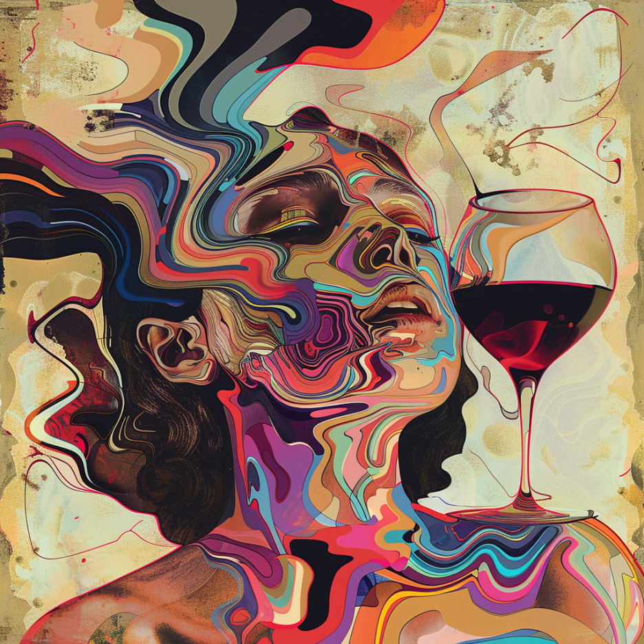 album art with a women drinking wine, abstract experimental style