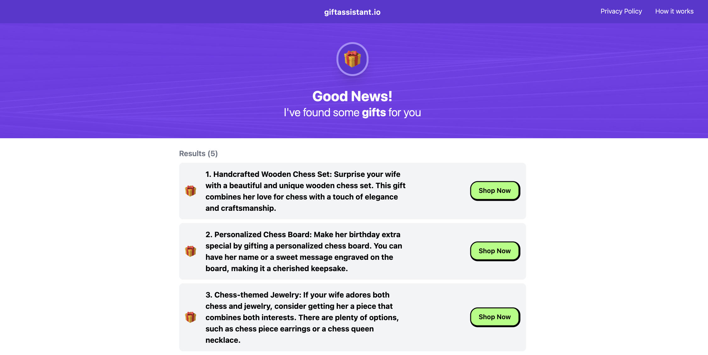 Giftassistant.io redirected and suggested gift ideas